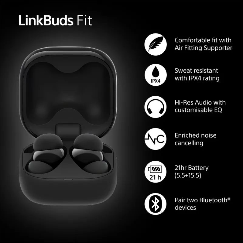 Wireless in-ear headset Sony LinkBuds Fit WFLS910NB — Bluetooth, 20–20000 Hz, 10 m range, 75 g, black