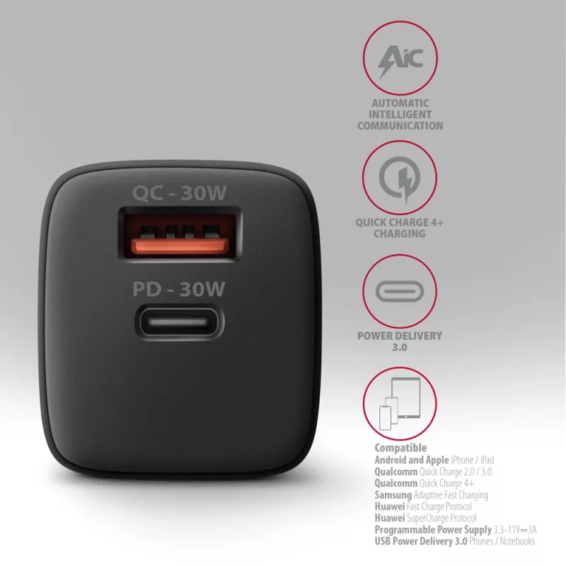 Axagon ACU-PQ30 PD3.0 & QC4+ 2xOUTPUTS wall charger 30W