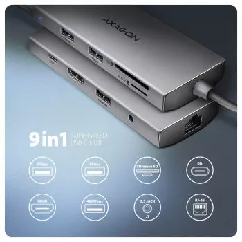Axagon HMC-8HLSA, USB 5Gbps hub, 3x USB-A, HDMI 4k/60Hz, RJ-45, SD/microSD, audio, PD 100W