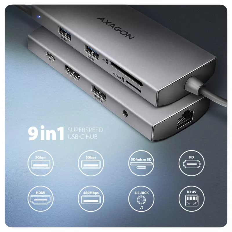 Axagon HMC-8HLSA, USB 5Gbps hub, 3x USB-A, HDMI 4k/60Hz, RJ-45, SD/microSD, audio, PD 100W