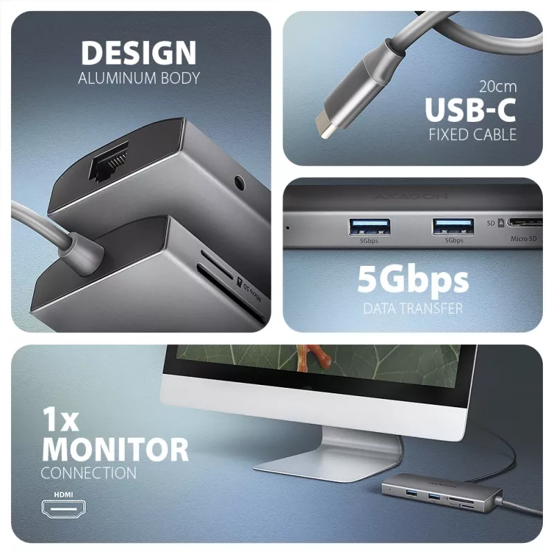 Axagon HMC-8HLSA, USB 5Gbps hub, 3x USB-A, HDMI 4k/60Hz, RJ-45, SD/microSD, audio, PD 100W