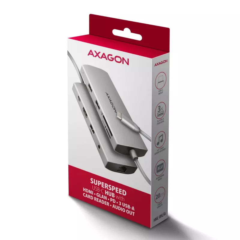 Axagon HMC-8HLSA, USB 5Gbps hub, 3x USB-A, HDMI 4k/60Hz, RJ-45, SD/microSD, audio, PD 100W