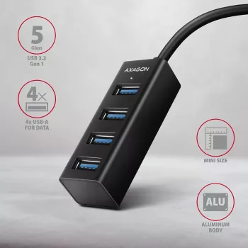 Axagon HUE-M1A 4x USB 3.2 Gen 1 MINI hub, metal, 20cm USB-A cable