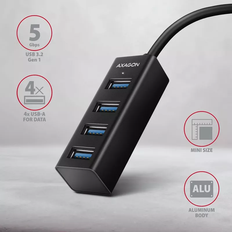 Axagon HUE-M1A 4x USB 3.2 Gen 1 MINI hub, metal, 20cm USB-A cable