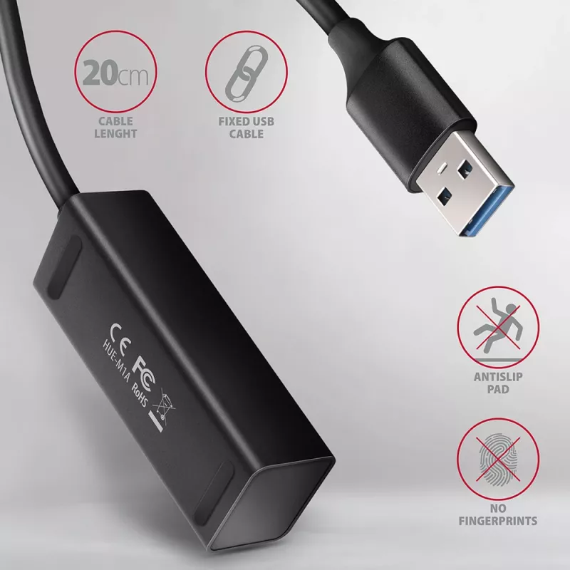 Axagon HUE-M1A 4x USB 3.2 Gen 1 MINI hub, metal, 20cm USB-A cable