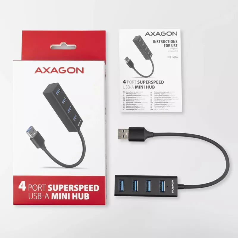 Axagon HUE-M1A 4x USB 3.2 Gen 1 MINI hub, metal, 20cm USB-A cable