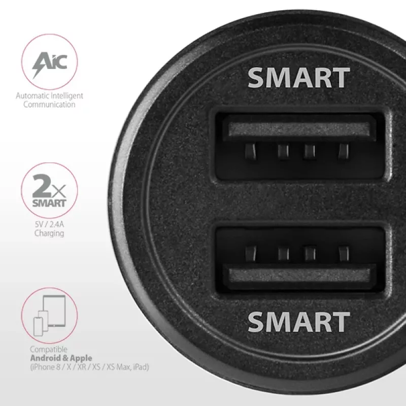 Axagon PWC-5V5 SMART Car charger 24W, 2x USB-A port, 5V/2.4A + 5V/2.4A