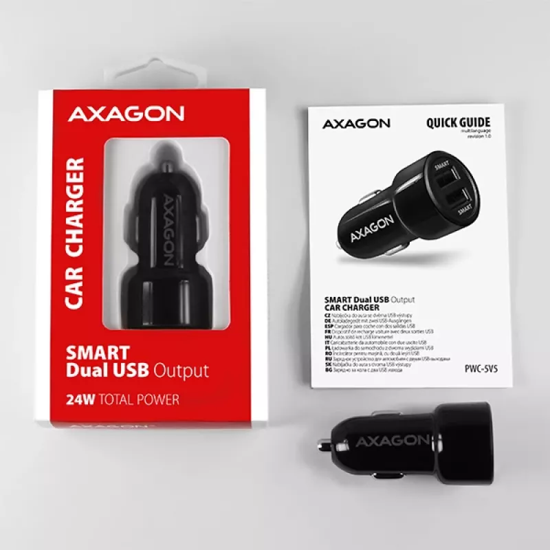 Axagon PWC-5V5 SMART Car charger 24W, 2x USB-A port, 5V/2.4A + 5V/2.4A