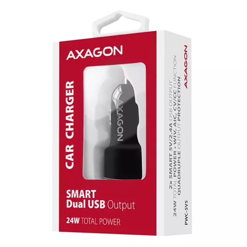 Axagon PWC-5V5 SMART Car charger 24W, 2x USB-A port, 5V/2.4A + 5V/2.4A