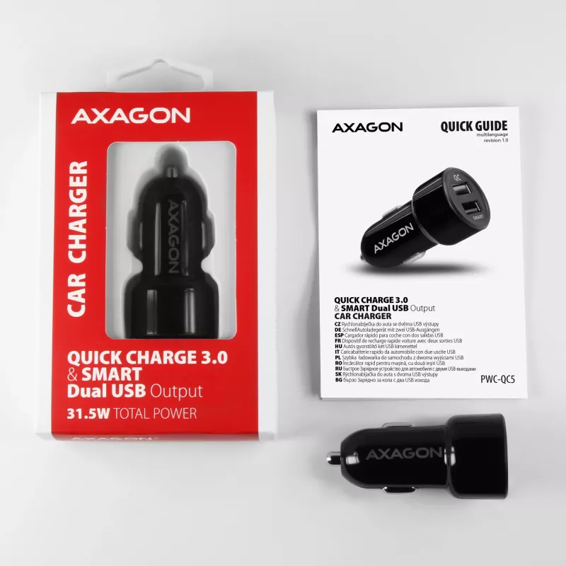 Axagon PWC-QC5 mobile device charger Mobile phone, Smartphone, Tablet, Universal Black Cigar lighter Fast charging Auto