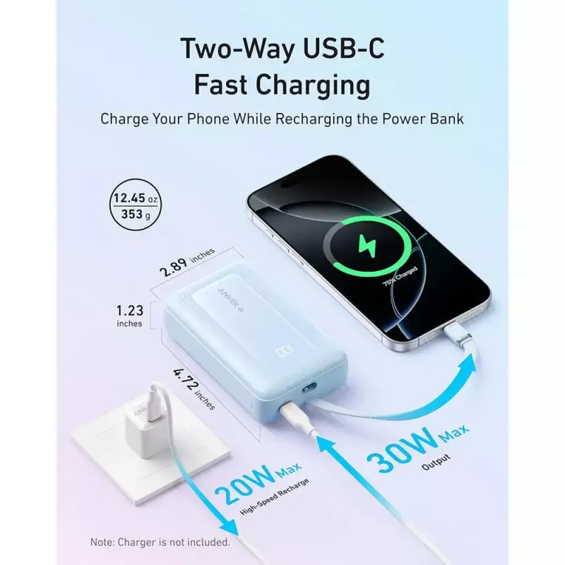 Powerbank Anker Zolo 10000mAh, 30W Super Fast Charging, USB-C integrated cable, balts