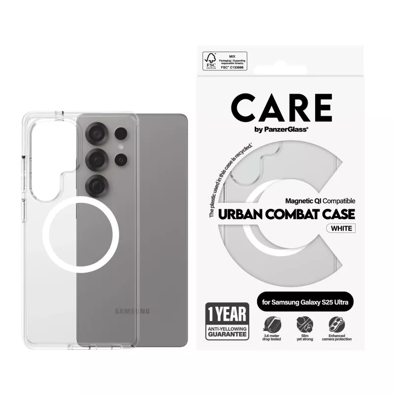 PanzerGlass CARE™ by ® Urban Combat Case Transparent w. White Qi Compatible Samsung Galaxy S25 Ultra