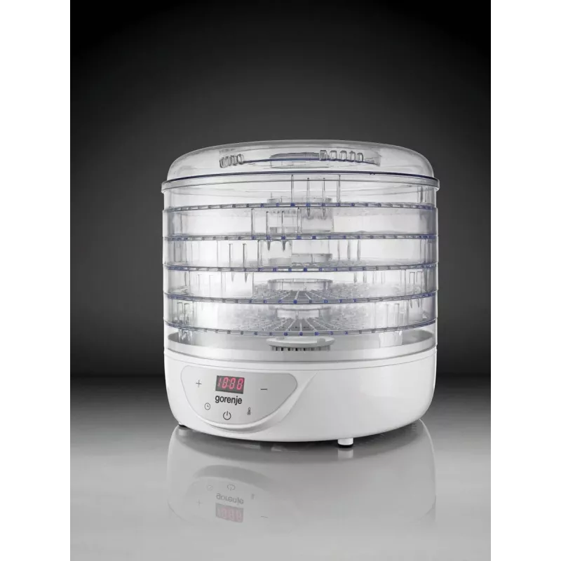 Food dehydrator Gorenje FDK 24 DW — transparent white, Ø31 cm grate, 240 W, max 70°C