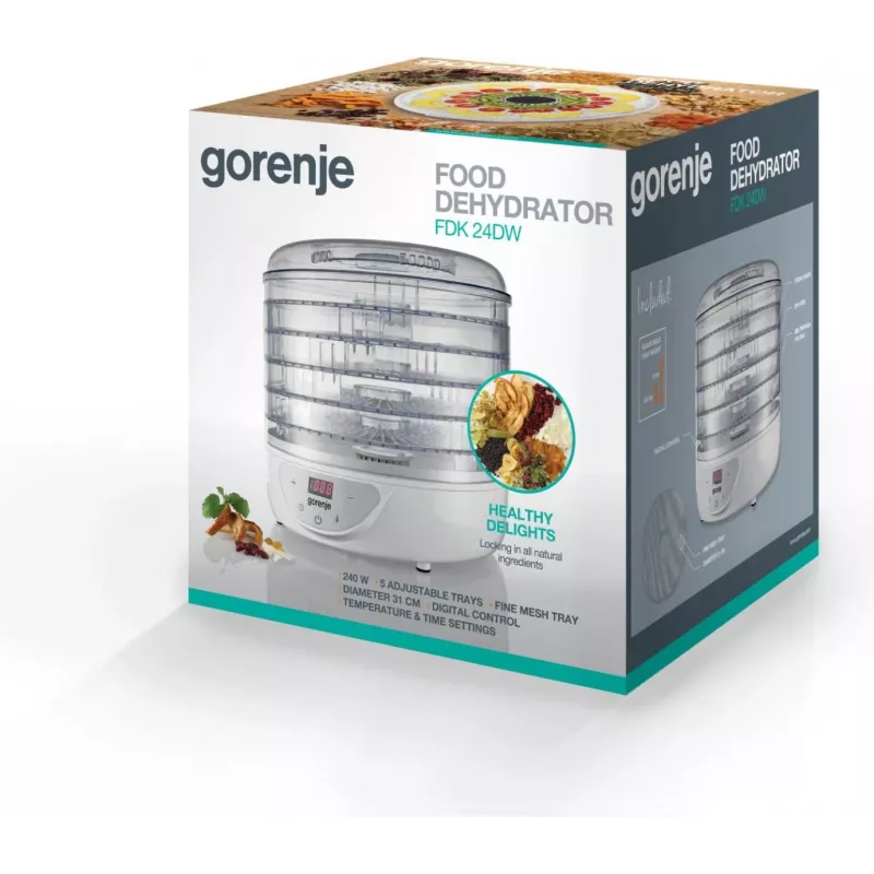 Food dehydrator Gorenje FDK 24 DW — transparent white, Ø31 cm grate, 240 W, max 70°C
