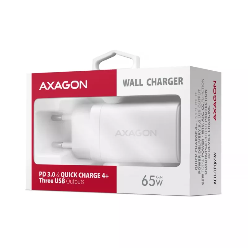 Axagon ACU-DPQ65W PD3.0 & QC4+ 3x OUTPUTS wall charger 65W