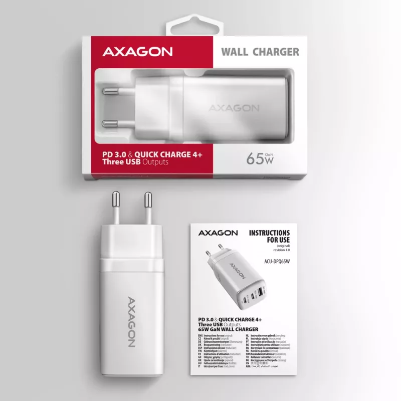 Axagon ACU-DPQ65W PD3.0 & QC4+ 3x OUTPUTS wall charger 65W