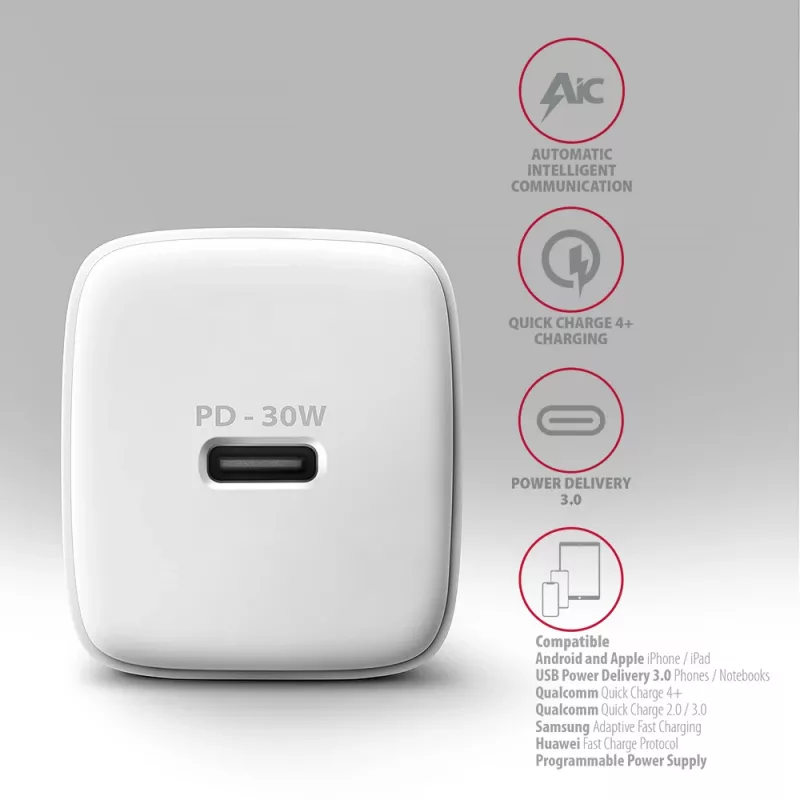 Wall Charger Axagon ACU-PD30W 1x QC3.0/AFC/FCP/PD Type-C 30W White