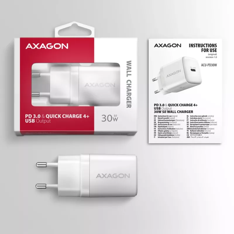 Wall Charger Axagon ACU-PD30W 1x QC3.0/AFC/FCP/PD Type-C 30W White