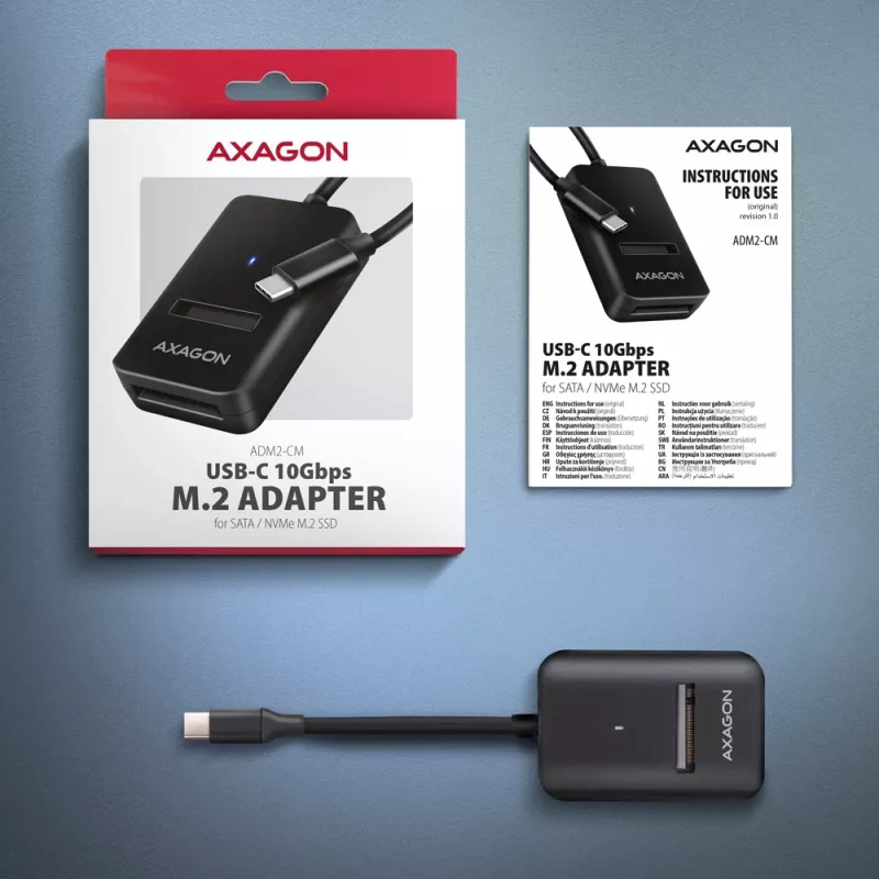 Axagon ADM2-CM USB-C Adapter M.2 NVMe SATA 10Gbps Black
