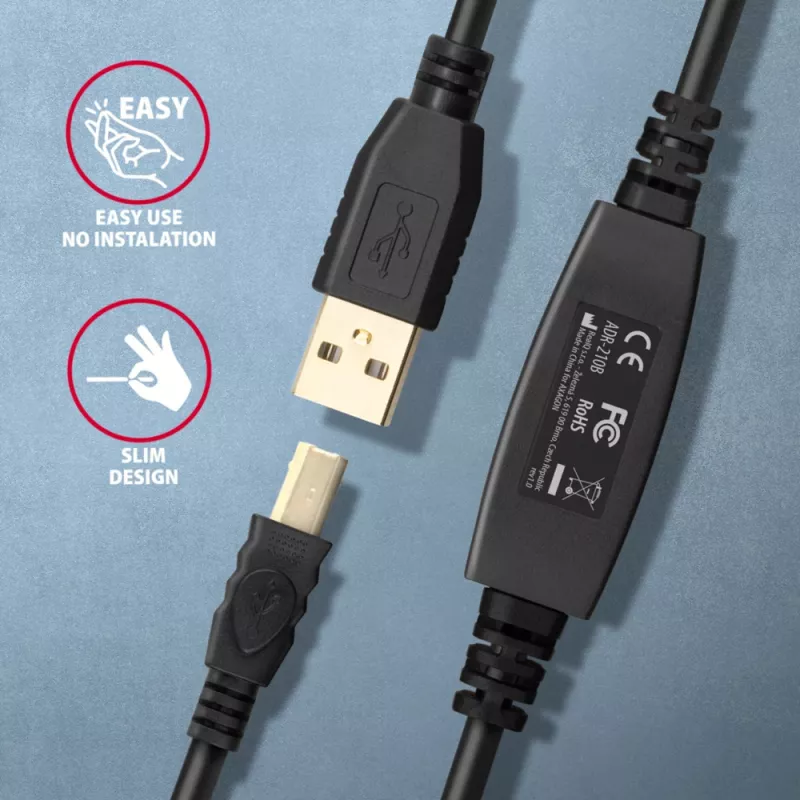Axagon ADR-210B USB 2.0 A-M -> B-M active connecting/repeater cable 10m