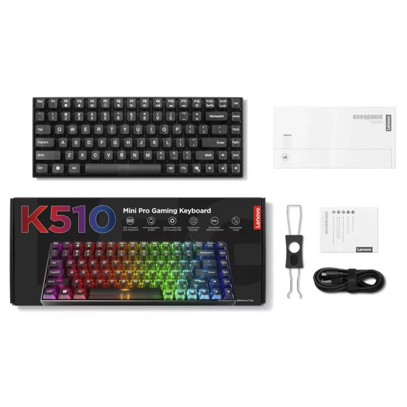 Mechanical gaming keyboard Lenovo Legion K510 Mini Pro 75% US English, 84 keys, RGB, USB, 1.8 m cable, Black/Transparent