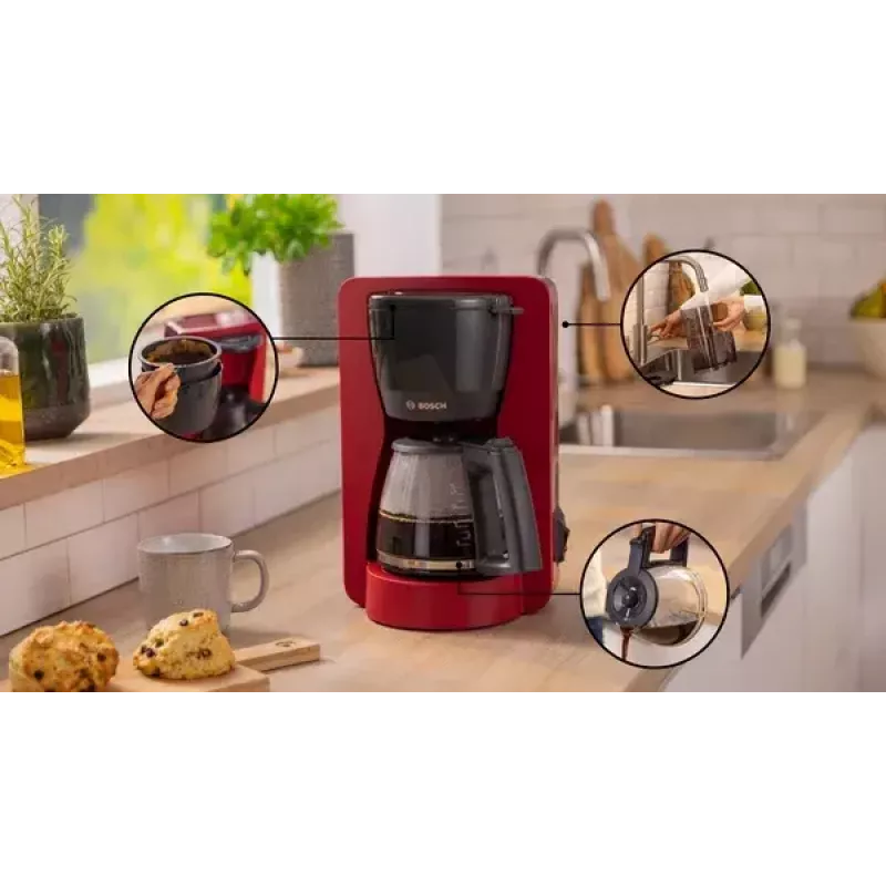 Drip coffee maker Bosch TKA2M114 — 1.25 L water tank, 15-cup, red