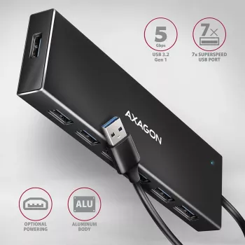 Axagon HUE-F7A 7x USB 3.2 Gen 1 ALU FLAT hub micro power IN 1m USB-A USB 3.2 Gen 1 (3.1 Gen 1) Type-A 5000 Mbit/s Black