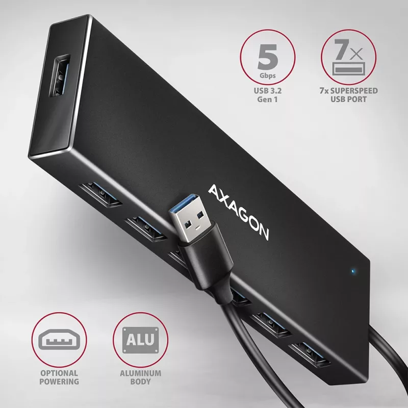 Axagon HUE-F7A 7x USB 3.2 Gen 1 ALU FLAT hub micro power IN 1m USB-A USB 3.2 Gen 1 (3.1 Gen 1) Type-A 5000 Mbit/s Black