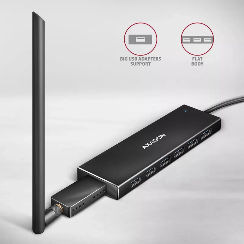 Axagon HUE-F7A 7x USB 3.2 Gen 1 ALU FLAT hub micro power IN 1m USB-A USB 3.2 Gen 1 (3.1 Gen 1) Type-A 5000 Mbit/s Black