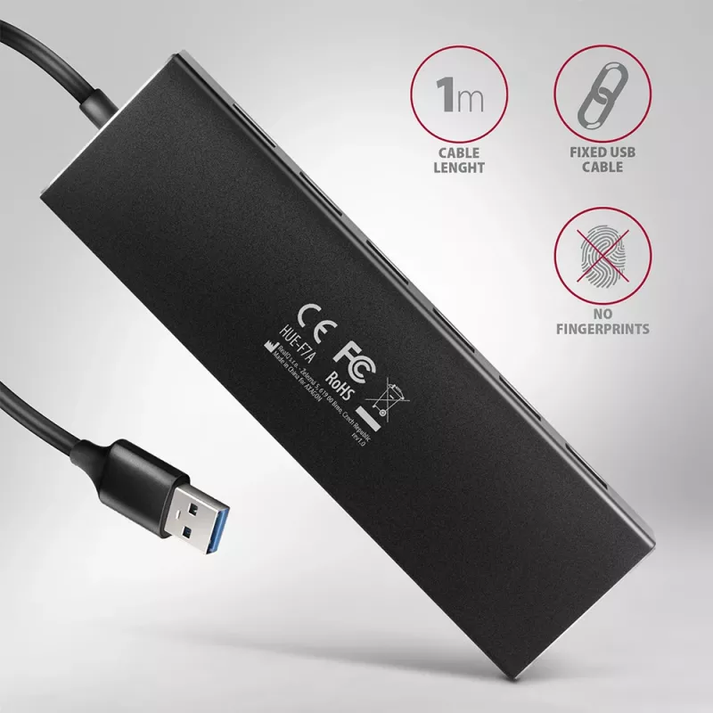 Axagon HUE-F7A 7x USB 3.2 Gen 1 ALU FLAT hub micro power IN 1m USB-A USB 3.2 Gen 1 (3.1 Gen 1) Type-A 5000 Mbit/s Black