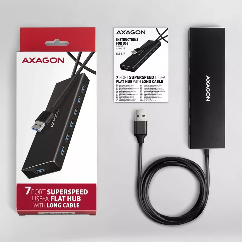 Axagon HUE-F7A 7x USB 3.2 Gen 1 ALU FLAT hub micro power IN 1m USB-A USB 3.2 Gen 1 (3.1 Gen 1) Type-A 5000 Mbit/s Black