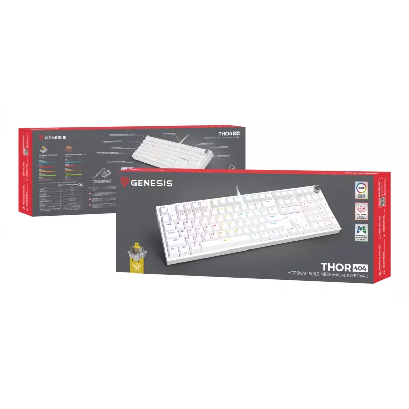 Mechanical keyboard GENESIS THOR 404, full-size USB, QWERTY English, RGB backlight, white