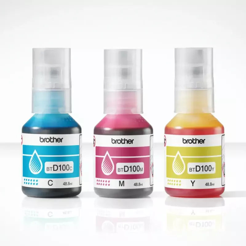 Ink bottles Brother BTD100CLVAL magenta, cyan, yellow — original colour ink, 5000 pages yield