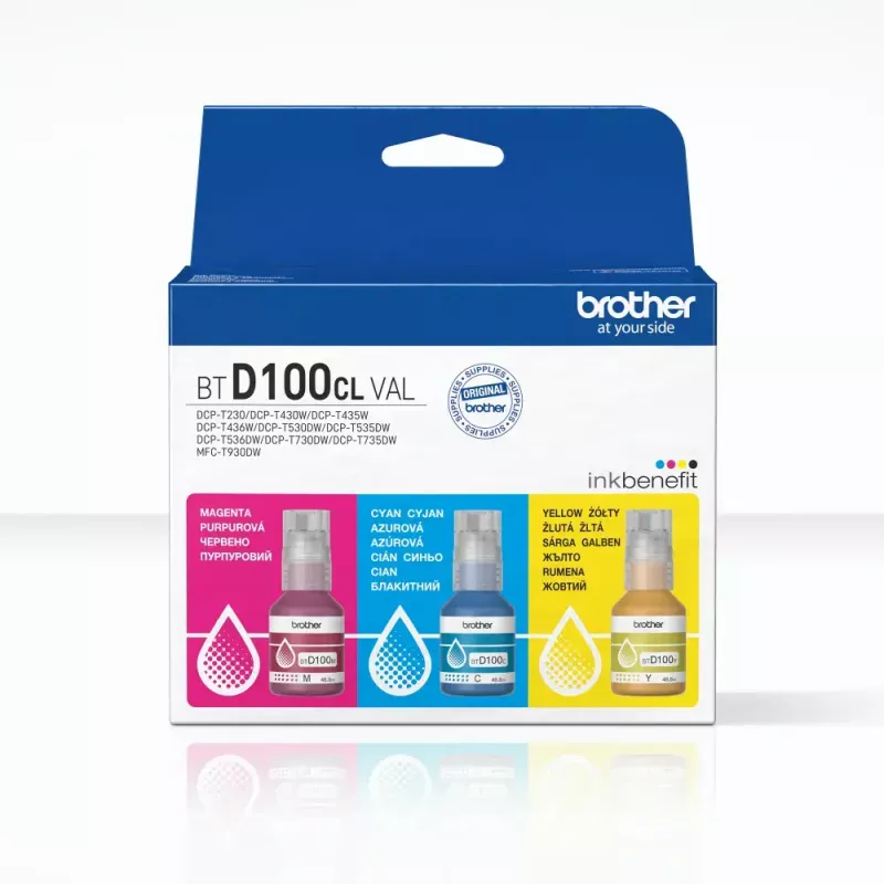 Ink bottles Brother BTD100CLVAL magenta, cyan, yellow — original colour ink, 5000 pages yield