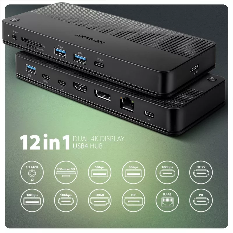 Axagon HMC-U4 USB4 dock, 3x USB-A, 2x USB-C, HDMI & DP 8K/30Hz, RJ-45, SD/mSD, audio, PD 100W