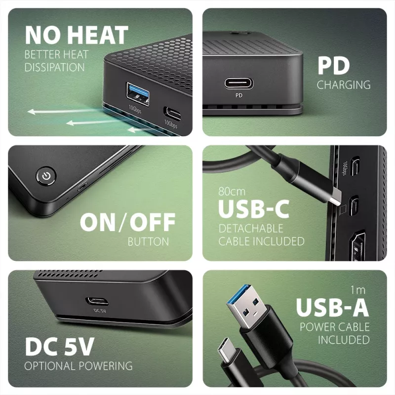 Axagon HMC-U4 USB4 dock, 3x USB-A, 2x USB-C, HDMI & DP 8K/30Hz, RJ-45, SD/mSD, audio, PD 100W