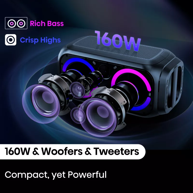Portable party speaker HISENSE Party Rocker 160 — 160 W RMS, 2.0 channels, IPX4, black, 6.3 kg
