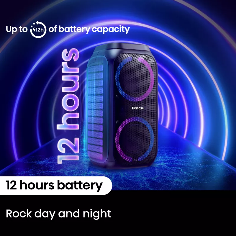 Portable party speaker HISENSE Party Rocker 160 — 160 W RMS, 2.0 channels, IPX4, black, 6.3 kg