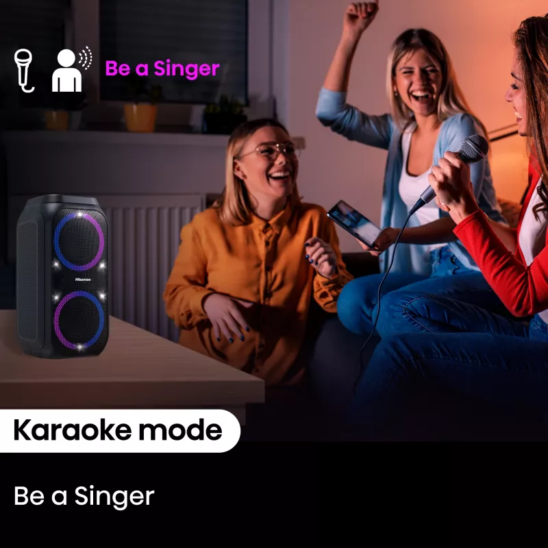 Portable party speaker HISENSE Party Rocker 160 — 160 W RMS, 2.0 channels, IPX4, black, 6.3 kg