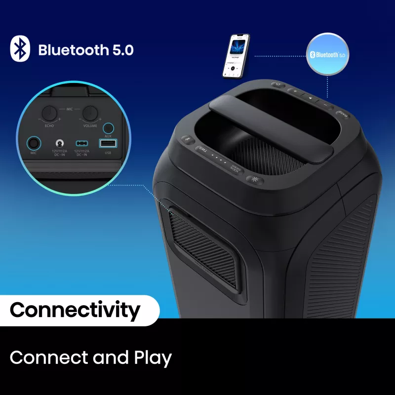 Portable party speaker HISENSE Party Rocker 160 — 160 W RMS, 2.0 channels, IPX4, black, 6.3 kg