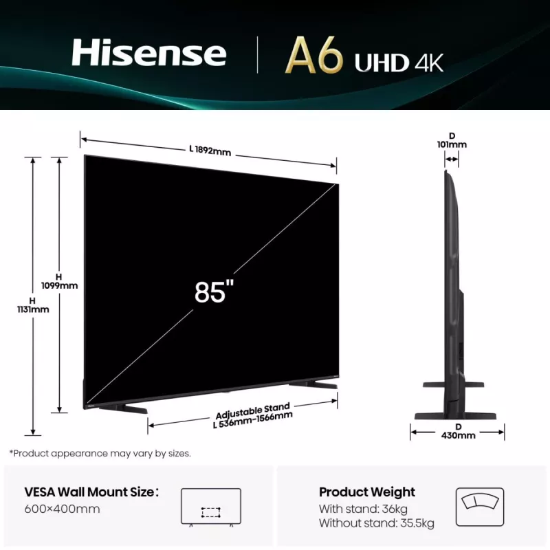 Hisense 85A6Q TV 2.16 m (85 inch) 4K Ultra HD Smart TV Wi-Fi Black 400 cd/m²