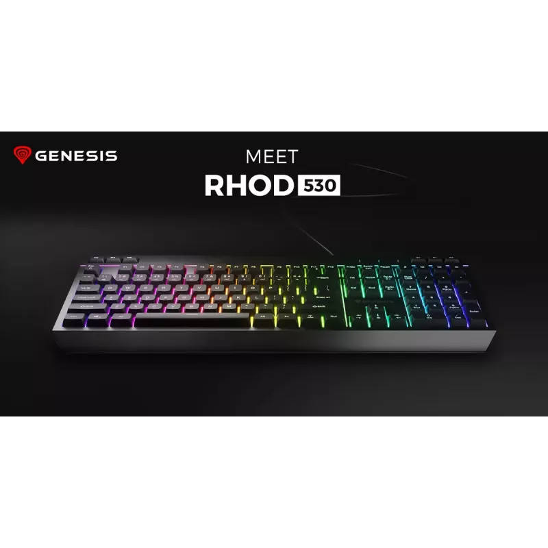 Wired full-size gaming keyboard Genesis Rhod 530, USB, QWERTY US, membrane, RGB backlight, 114 keys, 1.8 m cable, black