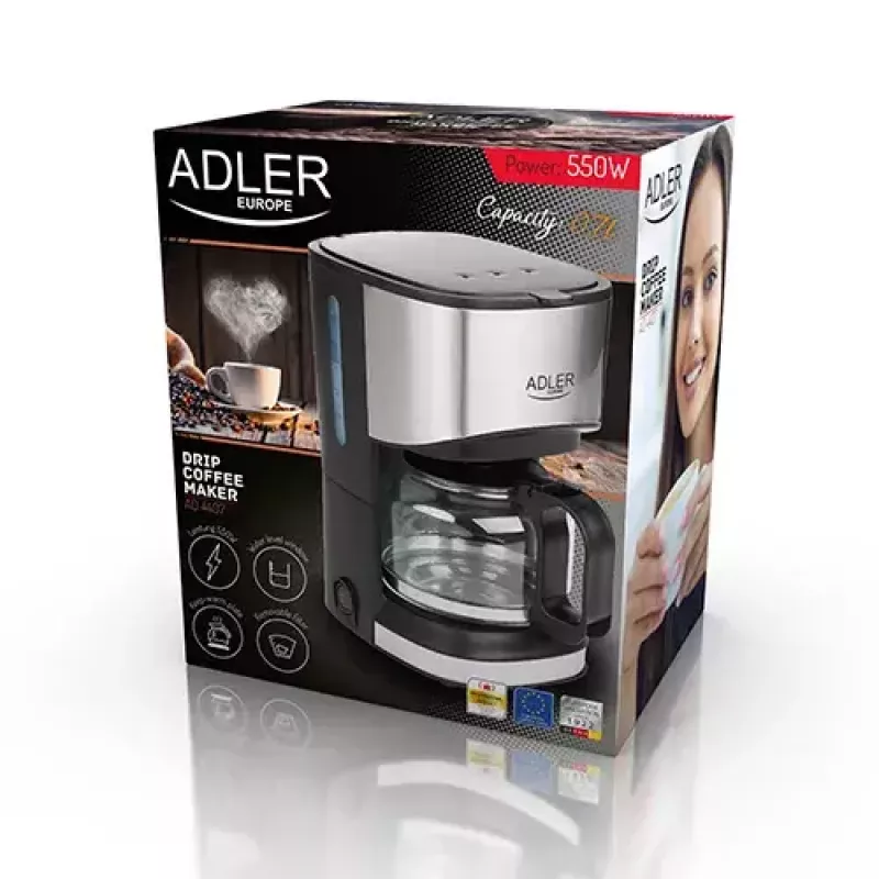 Drip coffee maker Adler AD 4407, 550 W, 0.7 L jug, silver/black, semi-auto