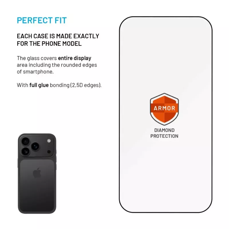 Screen protector FIXED for Apple iPhone 17 Pro — tempered glass, black, Armor design, anti-dust applicator, AR layer