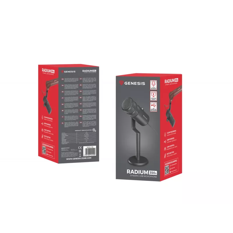 Wired PC microphone GENESIS Radium 350D — USB Type-A/Type-C, -48 dB sensitivity, 16–14000 Hz, 2.5 m cable, black