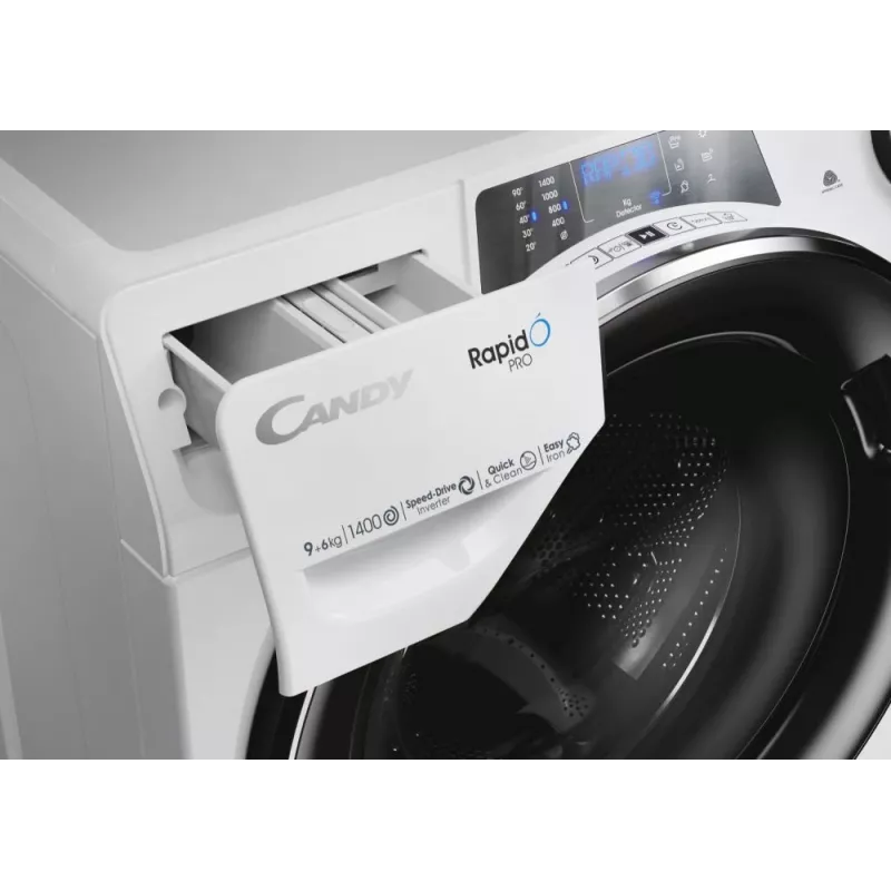 Washer dryer Candy RapidÓ PRO RPW4966BWMBC/1-S — freestanding front-load, 6 kg wash/dry, 1400 RPM, white