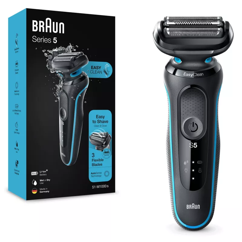 Foil shaver BRAUN Series 5 51-M1000s — 3-head, Wet & Dry, Li‑Ion built-in battery, Fast charge, Black/Blue