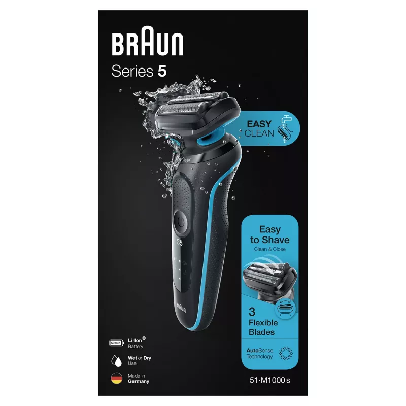 Foil shaver BRAUN Series 5 51-M1000s — 3-head, Wet & Dry, Li‑Ion built-in battery, Fast charge, Black/Blue