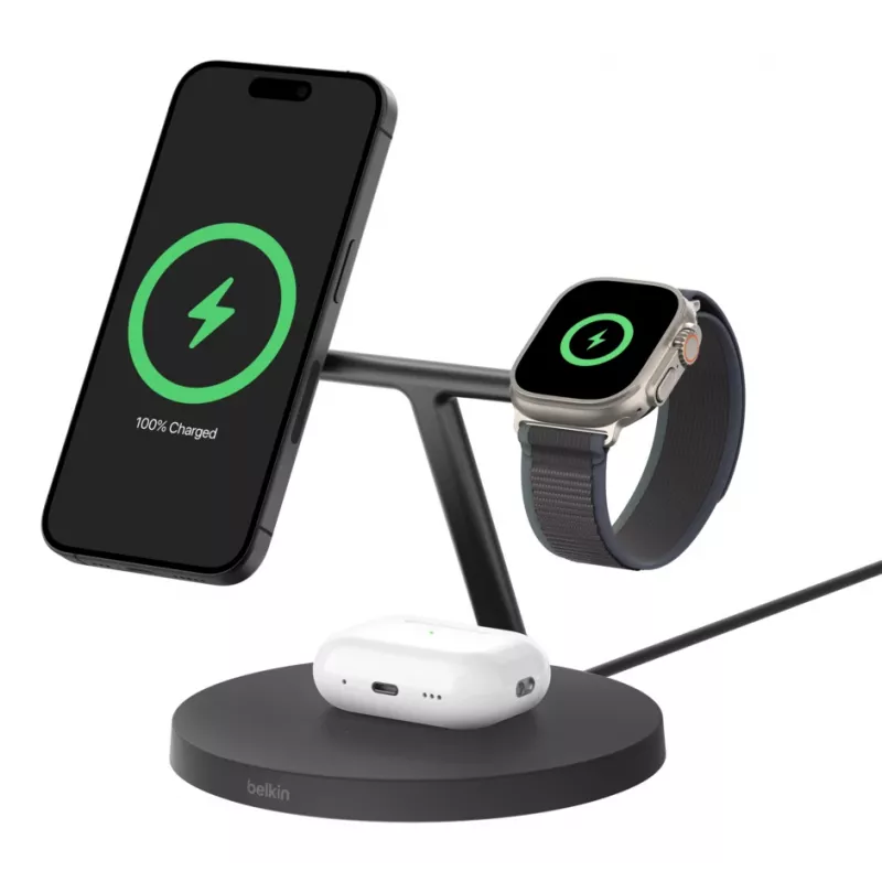 BELKIN Wireless Charging Stand - Boost Charge Pro - 3-in-1 With Qi2 15w - Black