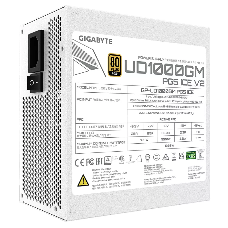 Power supply unit GIGABYTE UD1000GM PG5 V2 1000W ATX 3.1 Fully‑Modular 80 PLUS Gold White